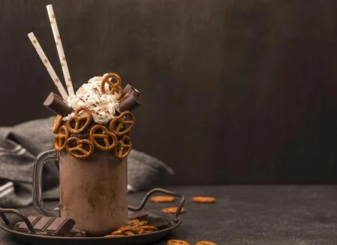 Front view chocolate milkshake with straws pretzels Stock Photos