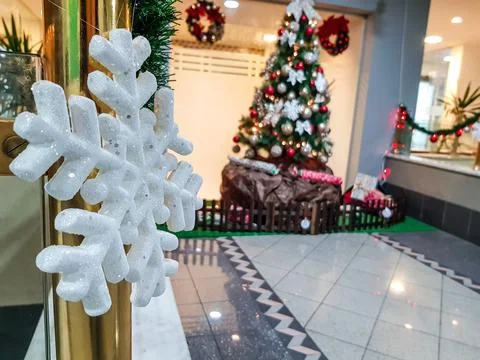 Front view for christmas tree with focus on it is red decorations Stock Photos
