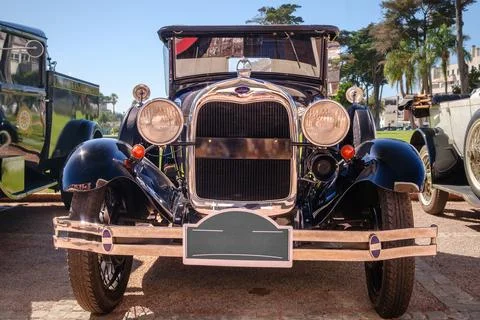 Front view of classic Ford Model A in Tudor Sedan version on sunny day Stock Photos