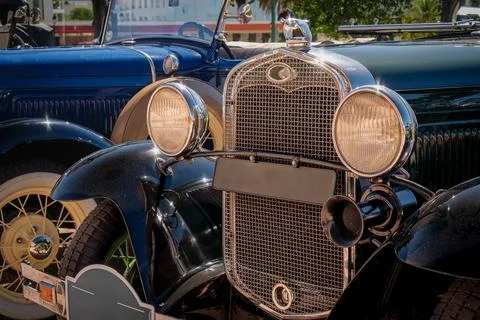Front view of classic Ford Model A in Tudor Sedan version on sunny day Stock Photos