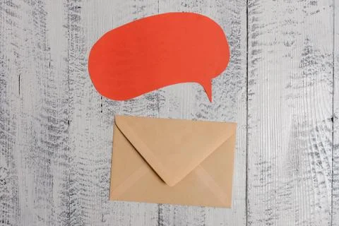 Front view close up closed envelop speech bubble lying wooden old retro vintage Stock Photos