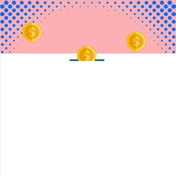 Front view close up three penny coins icon. One coin entering collecting box Stock Illustration