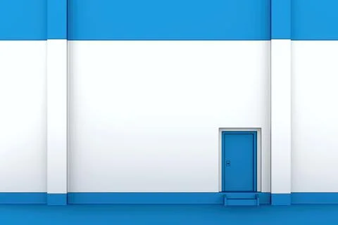 Front view of closed blue door on white wall, Blue metal floor, Room Stock Illustration