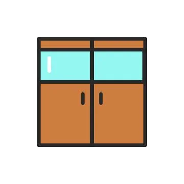Front view closed double wood door color line icon. Isolated vector element. Stock Illustration