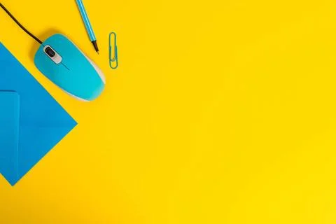 Front view closed envelope clip binder pencil marker computer wire mouse g... Fotos Stock