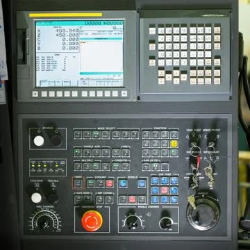 Front view on cnc milling machine control panel with display 写真素材