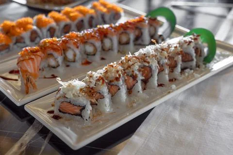 Front view on cold roll with salmon and cream. Japanese food style. Sushi rolls Stock Photos