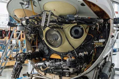 Front view of a complex deep-sea submersible with exposed mechanical arms, .. Stock Photos