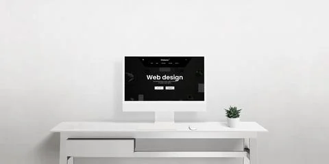 A front view of a computer display on an office desk featuring a minimalist w Stock Illustration