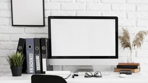 Front view computer screen office workspace. High quality beautiful photo c.. 스톡 사진