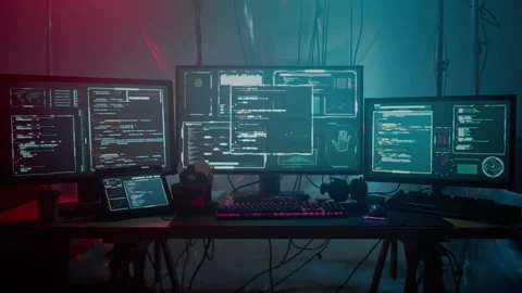 Front view of computer setup with multiple monitors on desk Stock Footage 257385498
