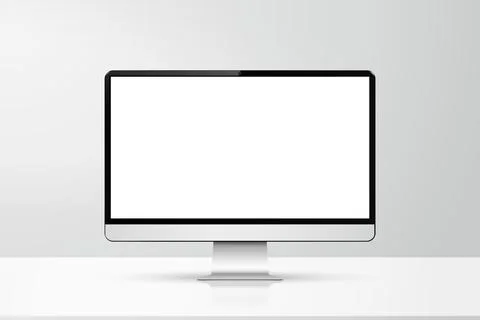 Front view of a computer with a white screen mockup on a table against grey w Stock Illustration