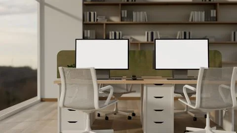 Front view of corporate office desk with computer mockups 库存插图