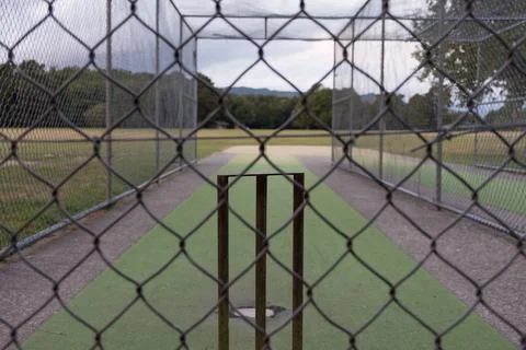 Front view of cricket stumps through a chainlink fence. Foto stock