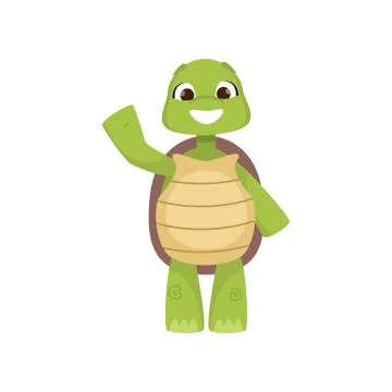Front view of cute smiling green turtle standing on two hind legs and waving Stock Illustration