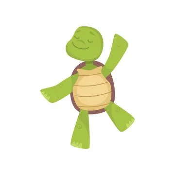 Front view of cute smiling green turtle standing on one leg and dancing with Illustrazione stock