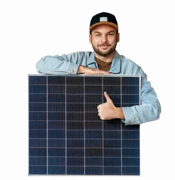 Front view cutout of a man consumer in casual attire leaning on a new portabl Stock Photos