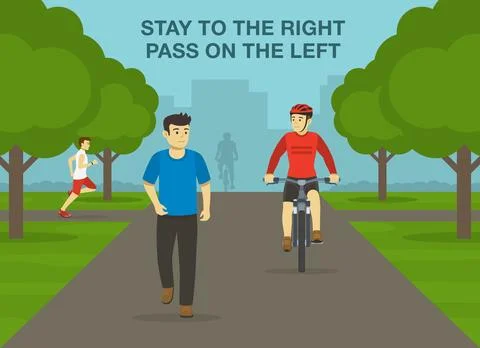 Front view of cyclist and pedestrian on a walking trail. Stock Illustration