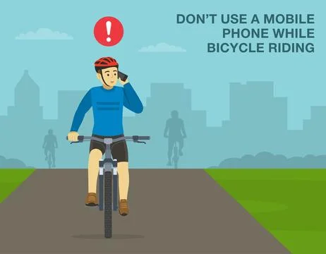 Front view of a cyclist talking on phone while cycling on city road. Stock Illustration