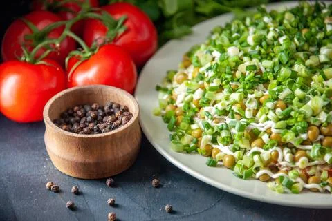 Front view delicious bean salad with red tomatoes on a dark background sala.. Stock Photos