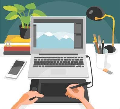 Front view of designer freelancer art creator workplace and laptop. Stock Illustration