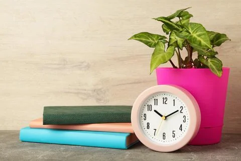 Front view desk with clock, books and plant on light background. Copy space Stock Photos