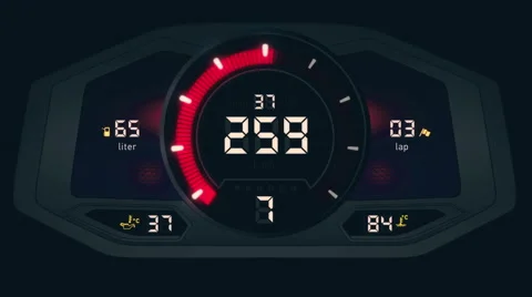 Front view of digital car interface with speedometer and tachometer Stock Footage 65956829