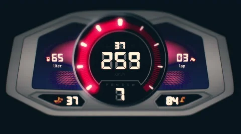 Front view of digital car interface with speedometer and tachometer Stock Footage 65957008