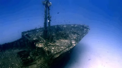 Front view of the Djabeda shipwreck resting on the seabed in Mauritius waters. Stock Footage 343914740