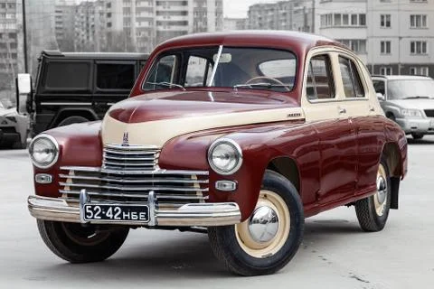 Front view of the double colored brown and beige old Russian car released in  Stock Photos