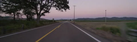 Front view of a Driving Plate: Car travels at dusk past farms and vineyards on Stock Footage 59330007