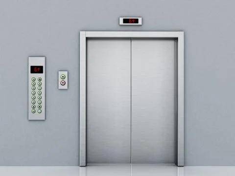 Front view of elevator door and control panel on the corridor. 3D illustratio Ilustración de archivo