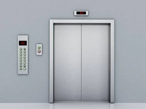Front view of elevator door and control panel on the corridor. 3D illustra... Stock Photos