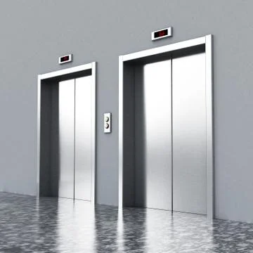 Front view of elevator doors on the corridor. 3D illustration Ilustración de archivo