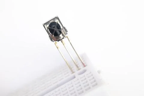 Front view of an embedded IR receiver on a project board on a white backgroun Stock Photos
