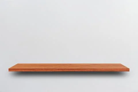 Front view empty wooden shelf and grey wall. Design concept Stock Photos
