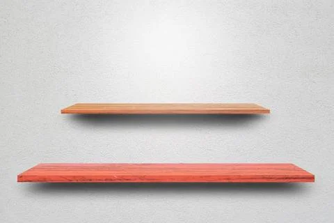 Front view empty wooden shelf and grey wall. Design concept Stock Photos