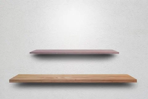 Front view empty wooden shelf and grey wall. Design concept Stock Photos
