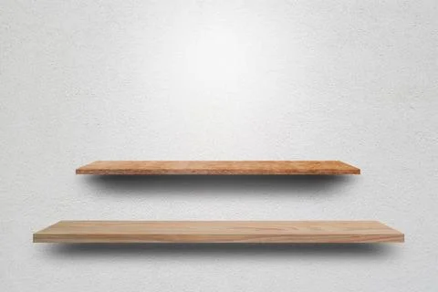 Front view empty wooden shelf and grey wall. Design concept Stock Photos