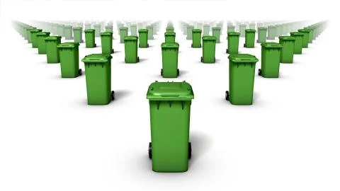 Front view of endless rows of Trash Cans (Green) Foto stock