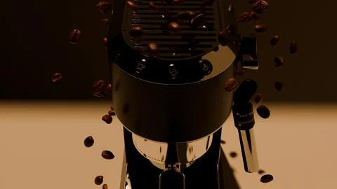 Front view espresso machine with glossy metal parts and flying beans Stock Photos