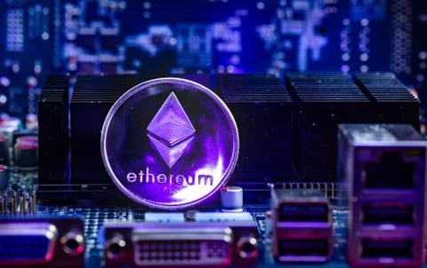Front view of Ethereum(ETH)  cryptocurrency physical coin Stock Photos