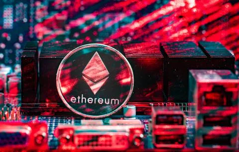 Front view of Ethereum(ETH)  cryptocurrency physical coin Stock Photos
