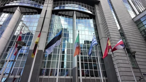 Front view of EU Parliament with tall rising flags. Stock Footage 322509150