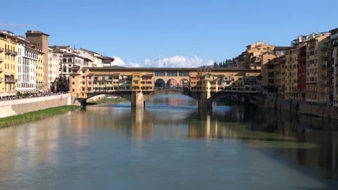 Front view famous ancient bridge in a sunny day. City of Florence. Video 4K Stock Footage 240606292