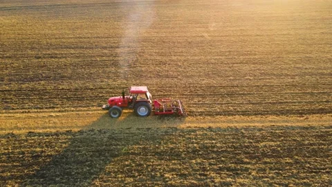Front view of farmer on red tractor plowing fertility soil in beautiful sunset Stock Footage 209516582