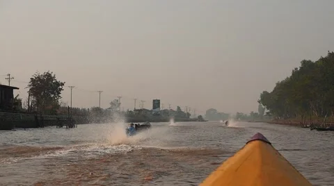Front View from Fast going boat in Inle lake of Myanmar slow motion Stock Footage 61099316