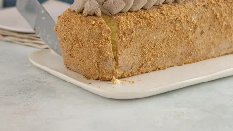 Front view. Female hands cut a sponge cake with chocolate cream and put a piece Video stock 148572708