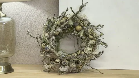 Front view of the finished Easter wreath, the process of creating an Easter wrea Stock Footage 304954783