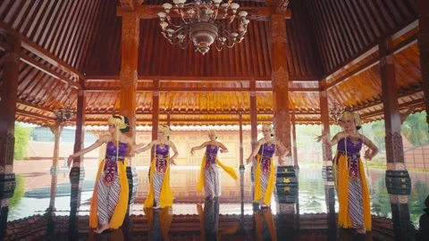 Front View of Five Dancers in Traditional Javanese Attire Standing in Hall Stock Footage 280587730